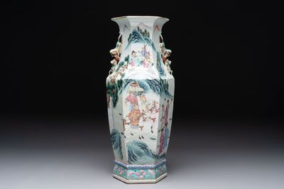 A Chinese Canton famille rose hexagonal vase with narrative design, 19th C.