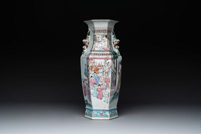 A Chinese Canton famille rose hexagonal vase with narrative design, 19th C.