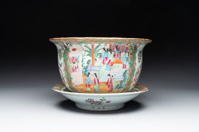 A Chinese Canton famille rose jardinière and stand with court scenes, 19th C.