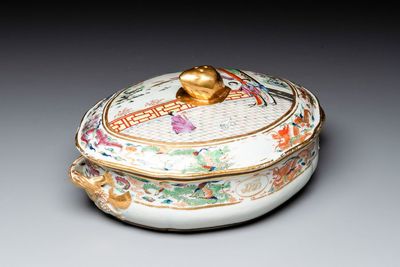 A Chinese Canton famille rose 'JFCB' monogrammed tureen and cover with narrative design, 19th C.