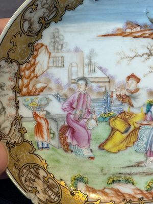 A Chinese Canton famille rose 'mandarin subject' covered teapot and a pair of saucers, Qianlong — photo 11