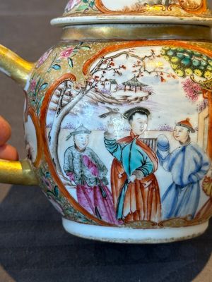A Chinese Canton famille rose 'mandarin subject' covered teapot and a pair of saucers, Qianlong — photo 20