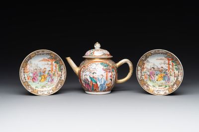 A Chinese Canton famille rose 'mandarin subject' covered teapot and a pair of saucers, Qianlong