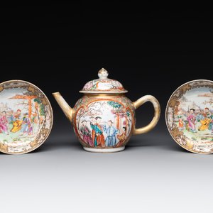 A Chinese Canton famille rose 'mandarin subject' covered teapot and a pair of saucers, Qianlong — photo 1