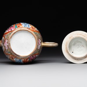A Chinese Canton famille rose 'mandarin subject' covered teapot and a pair of saucers, Qianlong — photo 9