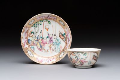 A Chinese Canton famille rose 'mandarin subject' cup and saucer, Qianlong