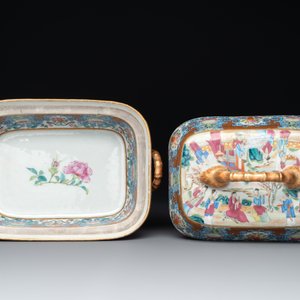 A Chinese Canton famille rose 'mandarin subject' oval dish, a strainer, a covered tureen and stand, 19th C. — 照片 6