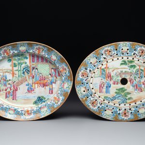 A Chinese Canton famille rose 'mandarin subject' oval dish, a strainer, a covered tureen and stand, 19th C. — 照片 8