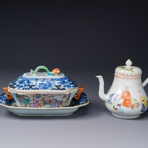 A Chinese Canton famille rose 'mandarin subject' tureen and cover on stand and a teapot and cover, Qianlong — photo 1