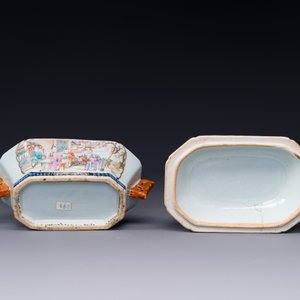 A Chinese Canton famille rose 'mandarin subject' tureen and cover on stand and a teapot and cover, Qianlong — photo 8