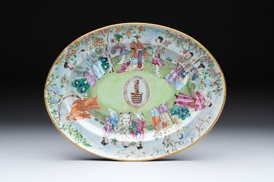 A Chinese Canton famille rose oval armorial dish with the arms of Caulfield for the English market, Daoguang, ca. 1825