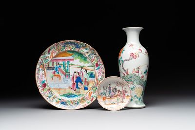 A Chinese Canton famille rose plate, a famille rose vase and a saucer, Qianlong and later