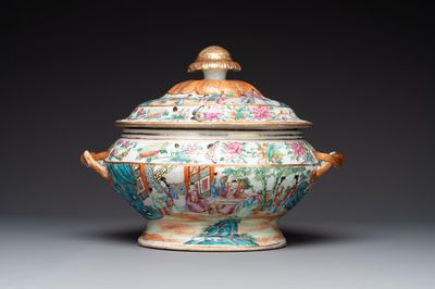 A Chinese Canton famille rose tureen and cover with narrative design, 19th C.