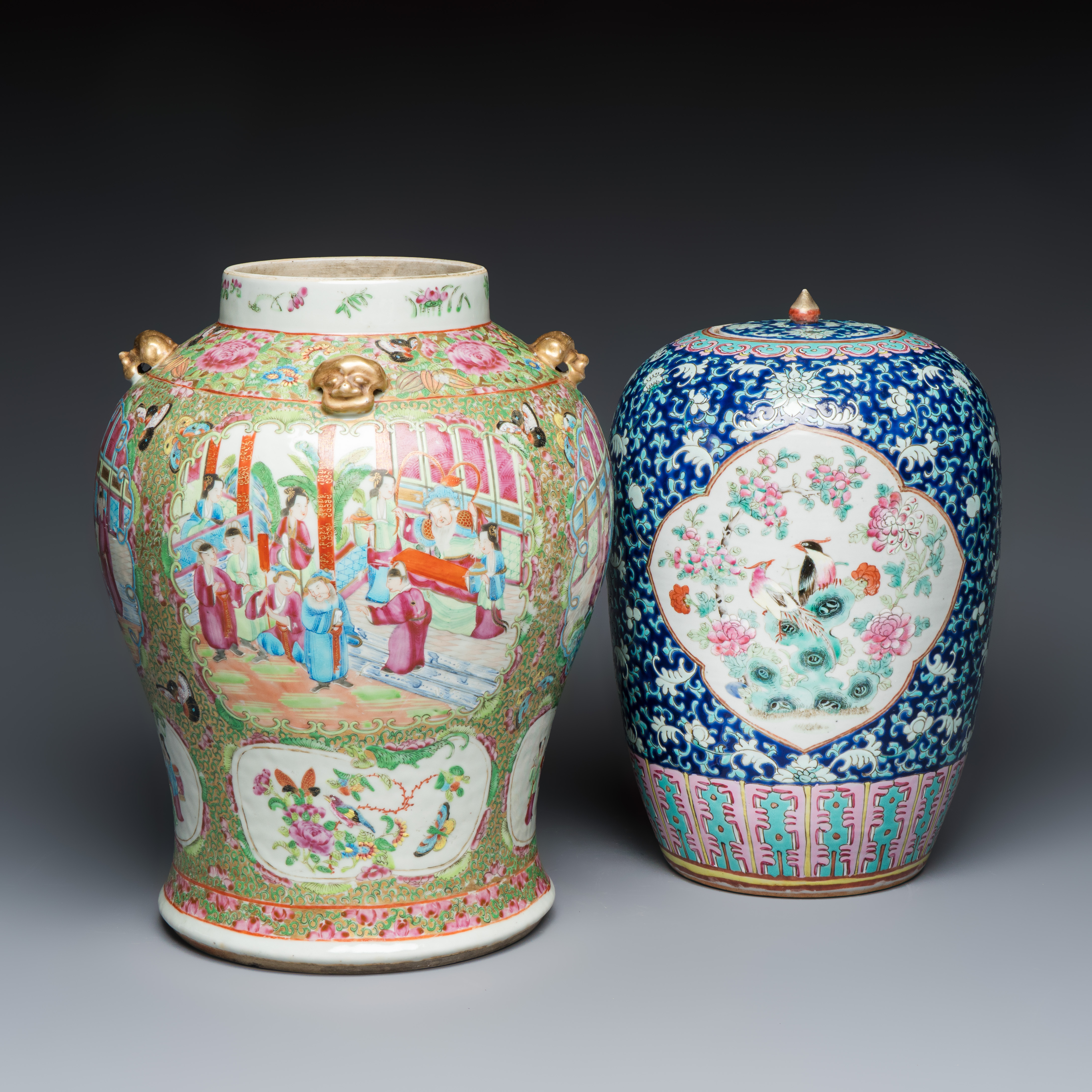A Chinese Canton famille rose vase with narrative design and a 'birds among flowering branches' covered jar — photo 1