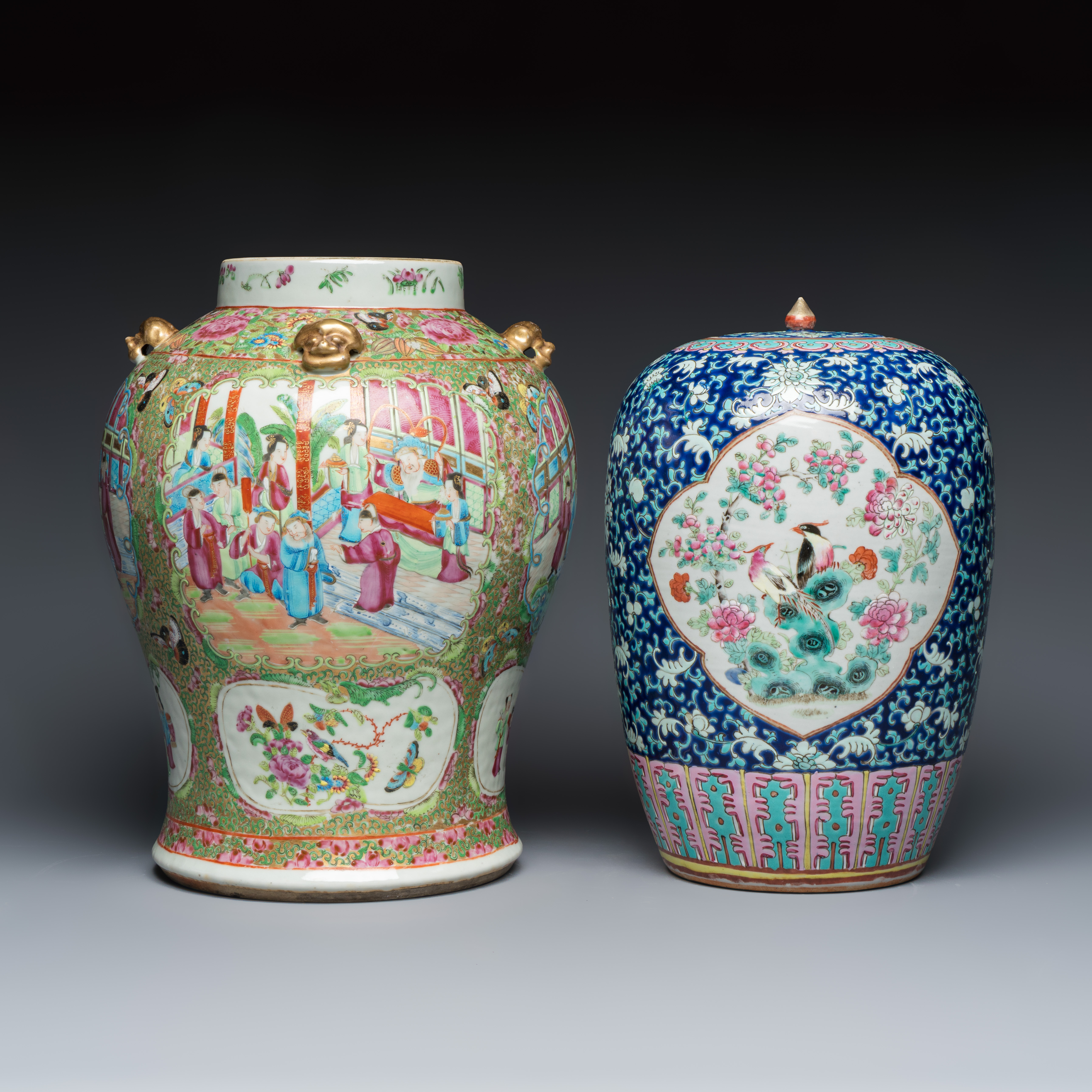 A Chinese Canton famille rose vase with narrative design and a 'birds among flowering branches' covered jar — photo 2