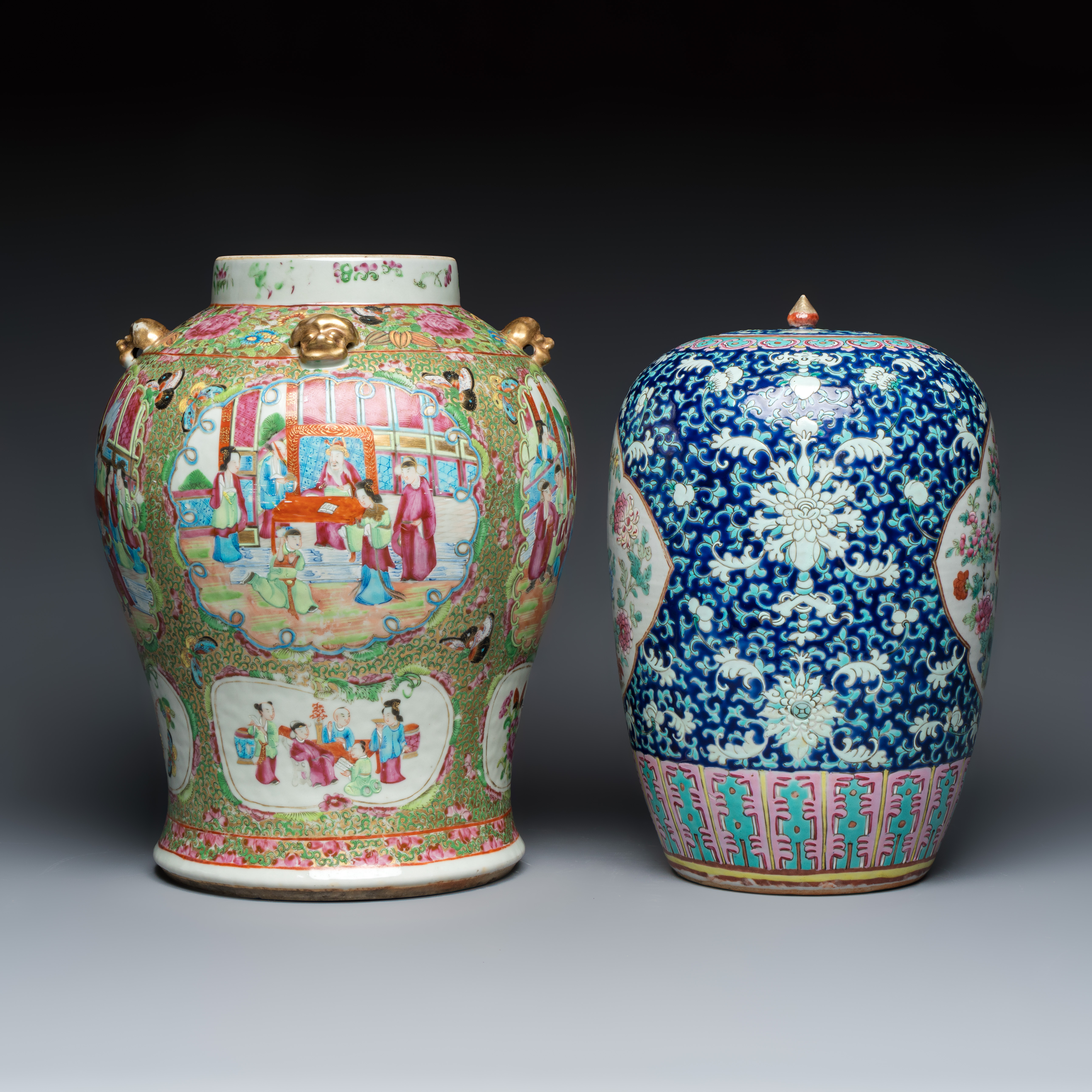 A Chinese Canton famille rose vase with narrative design and a 'birds among flowering branches' covered jar — photo 3