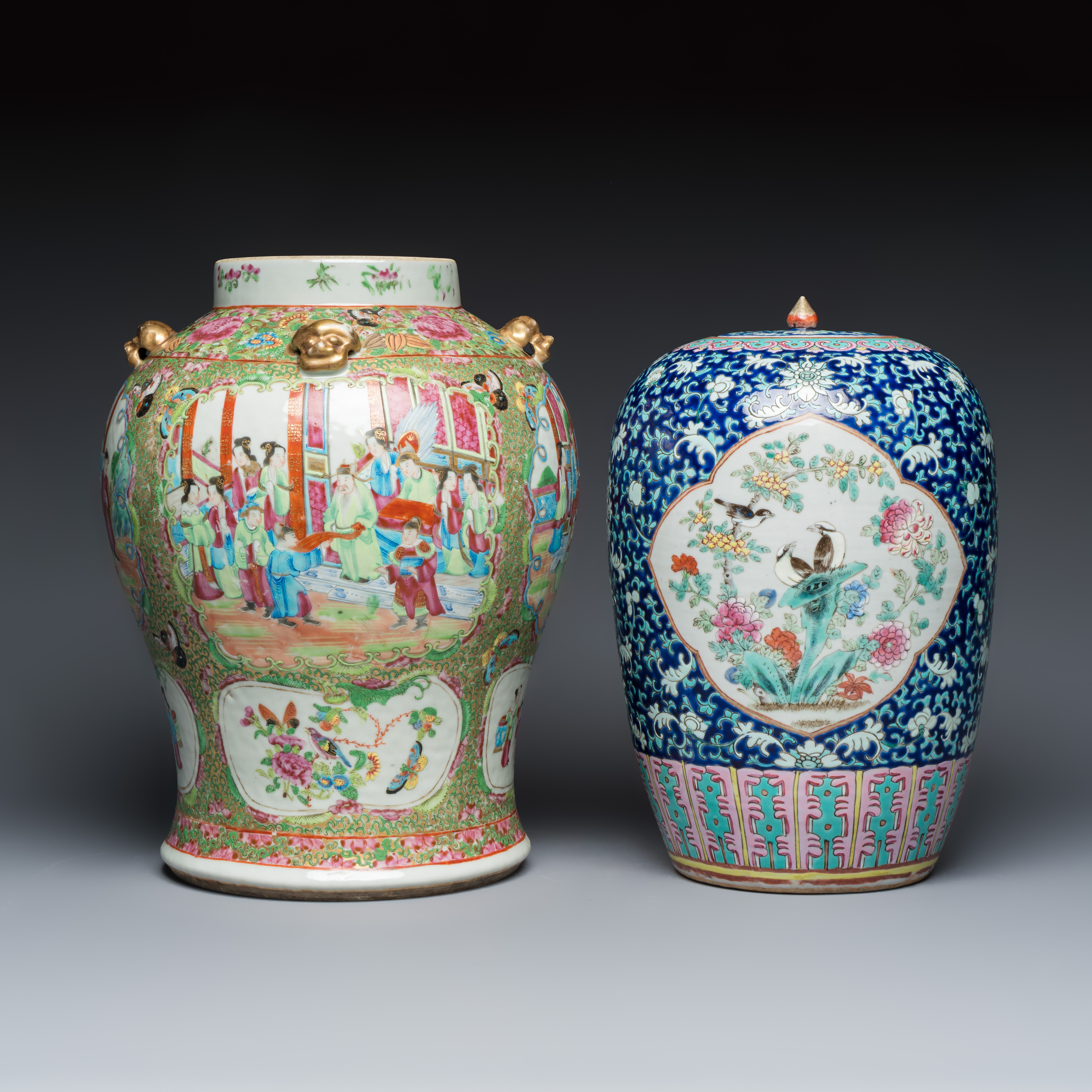 A Chinese Canton famille rose vase with narrative design and a 'birds among flowering branches' covered jar — photo 4