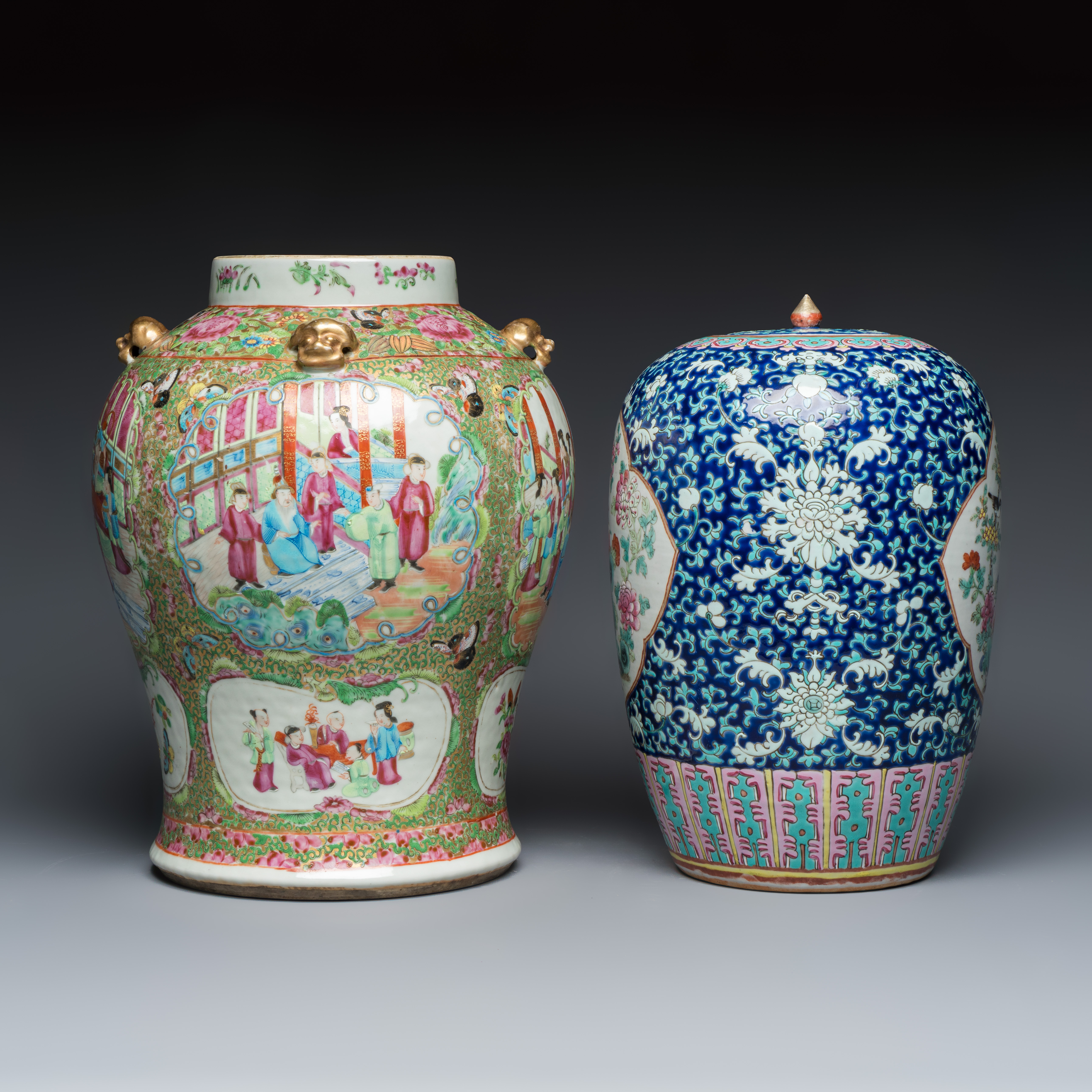 A Chinese Canton famille rose vase with narrative design and a 'birds among flowering branches' covered jar — photo 5