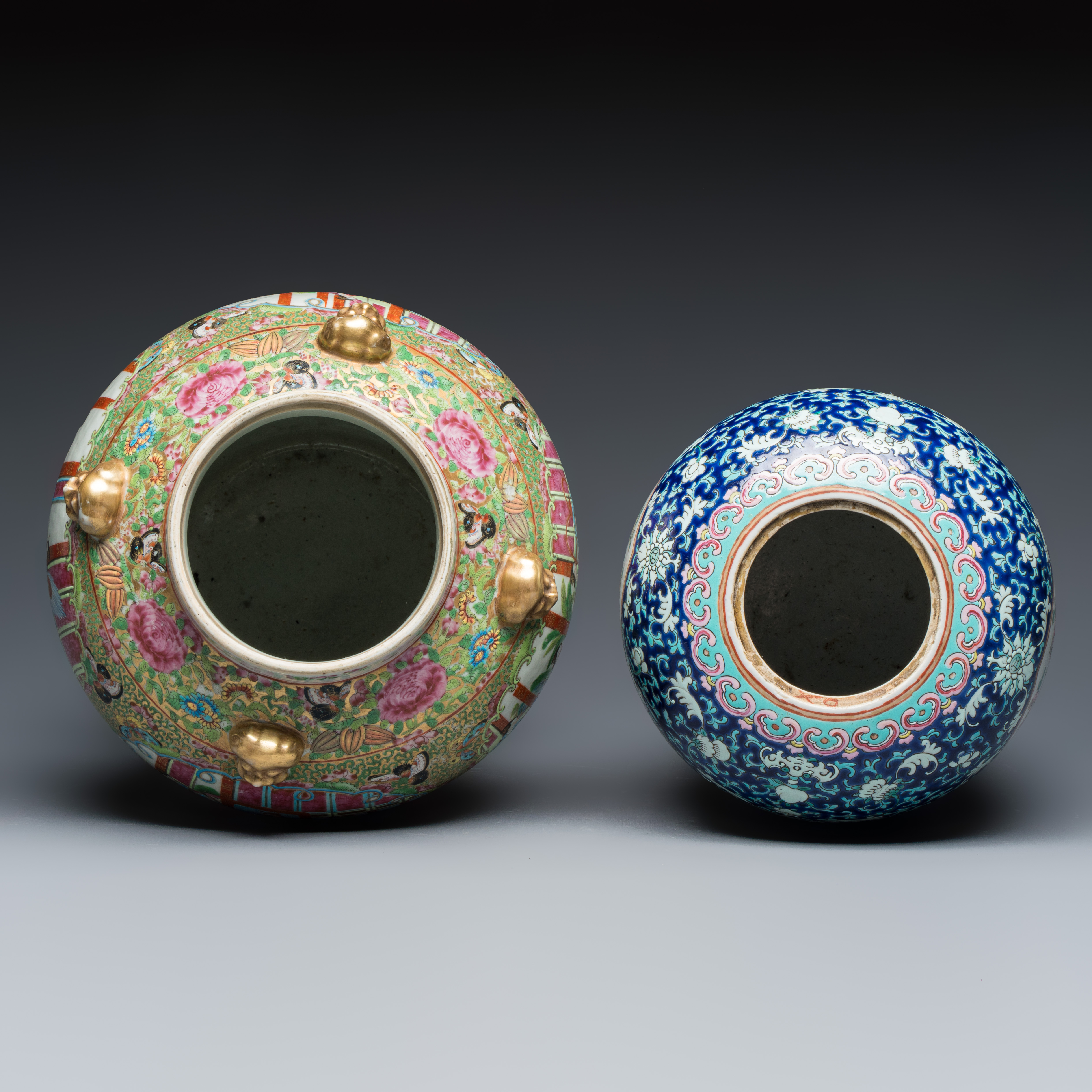 A Chinese Canton famille rose vase with narrative design and a 'birds among flowering branches' covered jar — photo 6
