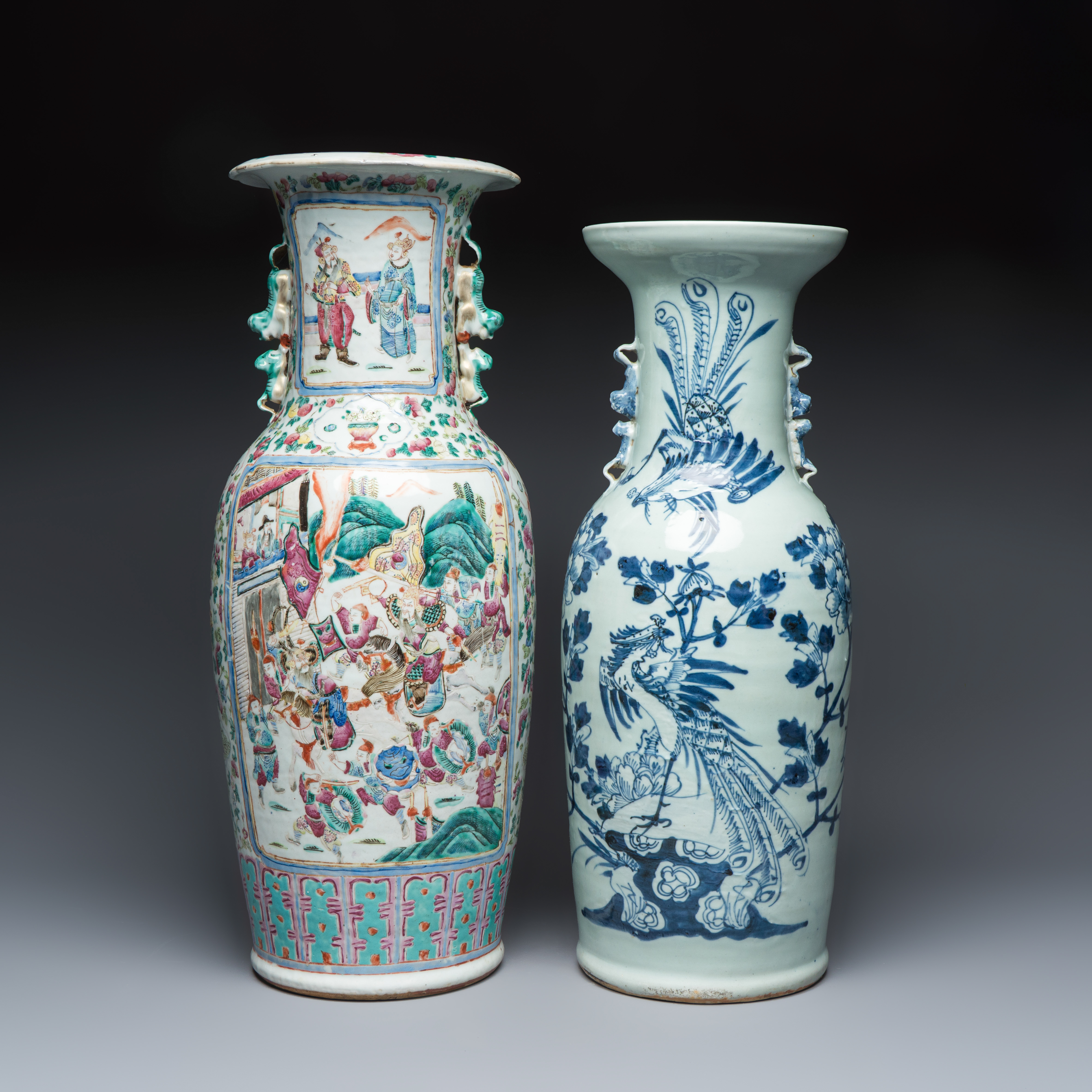 A Chinese Canton famille rose vase with narrative design and a blue and white 'Phoenix' vase, 19th C.