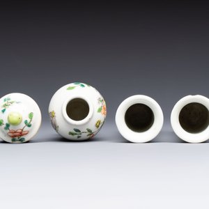 A Chinese Canton famille verte three-piece tea service and three vases, 19th C. — 照片 14