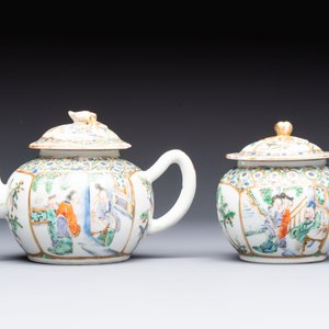 A Chinese Canton famille verte three-piece tea service and three vases, 19th C. — 照片 4