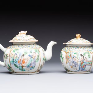 A Chinese Canton famille verte three-piece tea service and three vases, 19th C. — 照片 6