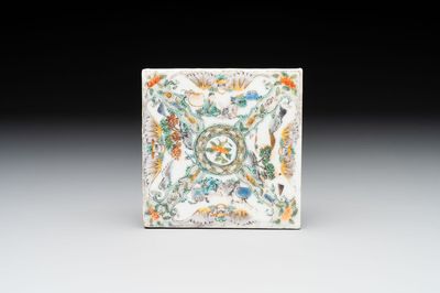 A Chinese Canton famille verte tile, 19th C.