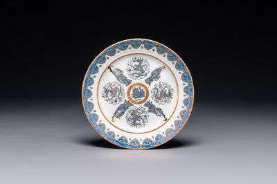 A Chinese Canton gilt-decorated and blue-enameled plate with figures and dragons, 19th C.