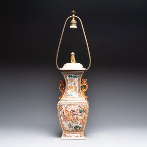 A Chinese Canton gilt famille rose covered vase with mandarin design, mounted as a lamp, Qianlong — foto 1