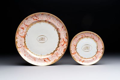 A Chinese Canton gilt-iron-red monogrammed dish and a plate, 18th C.