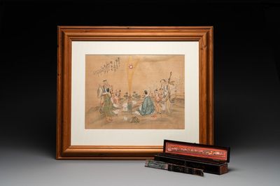 A Chinese Canton gilt-lacquered and painted paper fan and a framed relief painting, 19th C.
