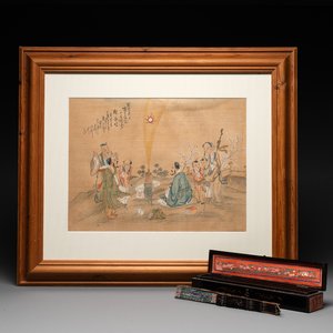 A Chinese Canton gilt-lacquered and painted paper fan and a framed relief painting, 19th C. — photo 1