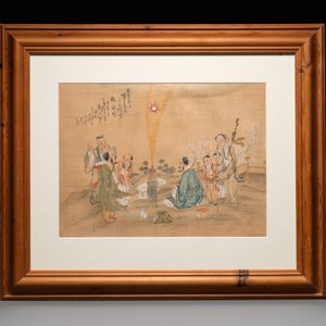 A Chinese Canton gilt-lacquered and painted paper fan and a framed relief painting, 19th C. — photo 2
