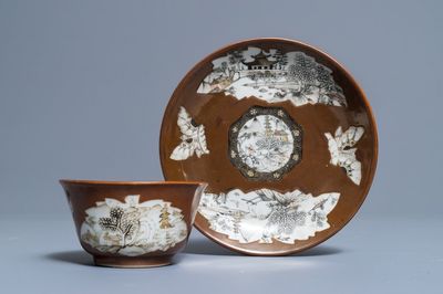 A Chinese capucin-ground grisaille and gilt cup and saucer, Qianlong