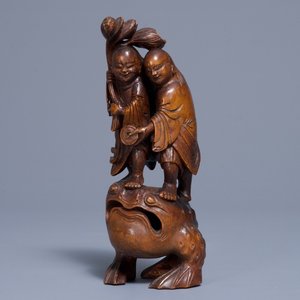 A Chinese carved bamboo group of Liu Hai and the toad, 18/19th C. — 照片 1