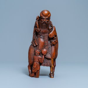 A Chinese carved bamboo group of Shou Lao on a deer, Ming — 照片 2
