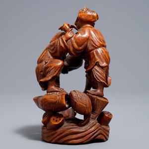 A Chinese carved bamboo group of two playing boys, 19/20th C. — photo 4