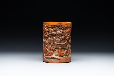 A Chinese carved bamboo 'Seven Sages of the Bamboo Grove' brush pot, 19th C.