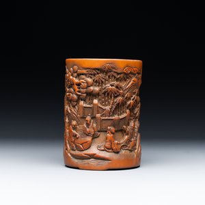 A Chinese carved bamboo 'Seven Sages of the Bamboo Grove' brush pot, 19th C. — 照片 1