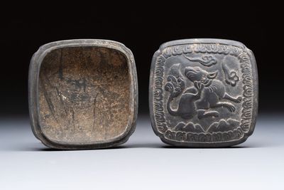 A Chinese carved black pottery 'Mythical Animal' box and cover, Yuan/Ming