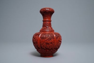 A Chinese carved cinnabar lacquer bottle vase, 19/20th C.