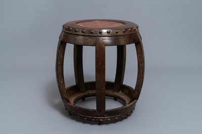 A Chinese carved hardwood stand with rootwood top, 19th C.