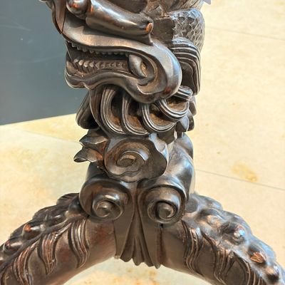 A Chinese carved hongmu table with a blue and white 'Dragons' plaque — photo 9
