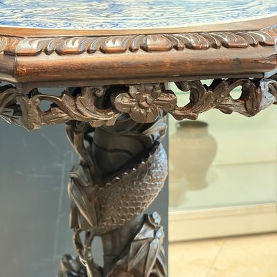 A Chinese carved hongmu table with a blue and white 'Dragons' plaque — photo 12
