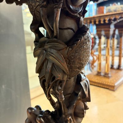 A Chinese carved hongmu table with a blue and white 'Dragons' plaque — photo 14