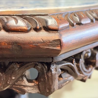 A Chinese carved hongmu table with a blue and white 'Dragons' plaque — photo 16