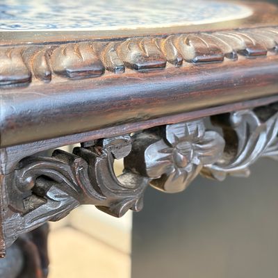 A Chinese carved hongmu table with a blue and white 'Dragons' plaque — photo 19