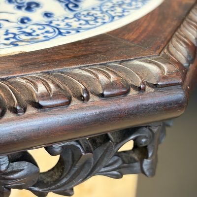 A Chinese carved hongmu table with a blue and white 'Dragons' plaque — photo 20