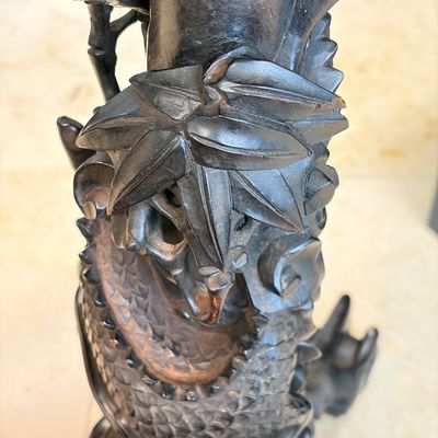 A Chinese carved hongmu table with a blue and white 'Dragons' plaque — photo 21